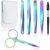 6 Pieces Eyebrow Tweezers Set for women with Curved Scissors Eyelash Brush Stainless Steel Brow Remover Tools Girls Facial Hair Plucking Daily Beauty Tool with Leather Storage Case (Rainbow Color)