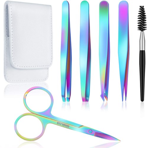 6 Pieces Eyebrow Tweezers Set for women with Curved Scissors Eyelash Brush Stainless Steel Brow Remover Tools Girls Facial Hair Plucking Daily Beauty Tool with Leather Storage Case (Rainbow Color)