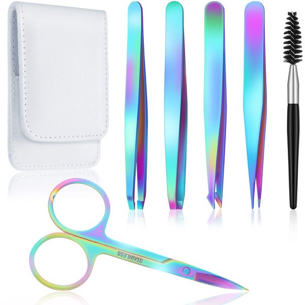 6 Pieces Eyebrow Tweezers Set for women with Curved Scissors Eyelash Brush Stainless Steel Brow Remover Tools Girls Facial Hair Plucking Daily Beauty Tool with Leather Storage Case (Rainbow Color)