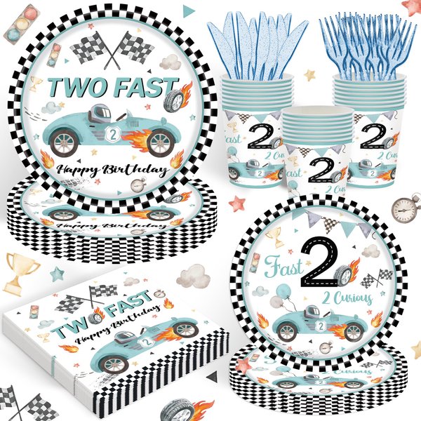 120PCS Two Fast Birthday Party Supplies for Kids Boys 2nd Birthday Party Decorations Two Fast Two Curious Racing Car Bday Tableware Set Includes Plates Napkin Cups Forks Knives Serves 20 Guests