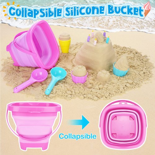 TSDATOWR Ice Cream Beach Toys Sand Toys Set for Kids, Collapsible Sand Bucket and Shovels Set with Mesh Bag, Sand Molds, Watering Can, Sandbox Toys for Kids and Toddlers, Travel Sand Toys for Beach