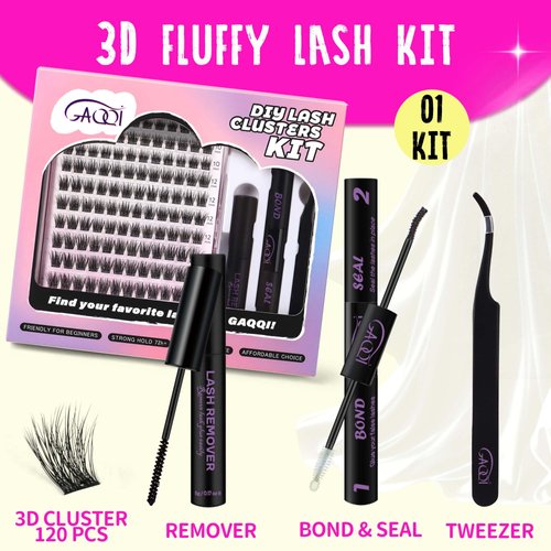 GAQQI Lash Clusters Kit, DIY Lash Extensions Kit 10-14mm Fluffy Cluster Lashes, Volume Eyelash Clusters with Lash Bond and Seal+Tweezer+Remover+120pcs Thin Band Individual Lashes (3D-GQ01-KIT)