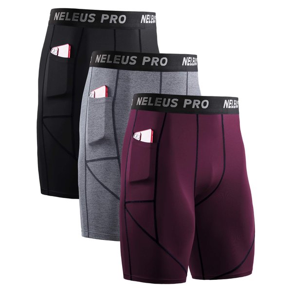 NELEUS Men's Compression Shorts with Pockets Workout Running Tights,3 Pack,6082,Black/Grey/Red,XL