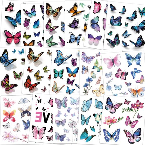 Konsait Kids Tattoos Butterfly Temporary Tattoos, Fake Tattoo Sticker for Girls Kids Women Children's Birthday Party Bag Filler Gift Birthday Girls Party Favors, 16 Sheets
