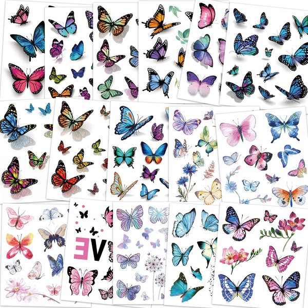 Konsait Kids Tattoos Butterfly Temporary Tattoos, Fake Tattoo Sticker for Girls Kids Women Children's Birthday Party Bag Filler Gift Birthday Girls Party Favors, 16 Sheets