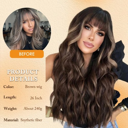 MERISIHAIR Brown Wavy Wig with Bangs,Long Brown Highlight Wig for Women,Heat Resistant Synthetic Wigs Daily Party Holiday Festival Chrismas Travel Used