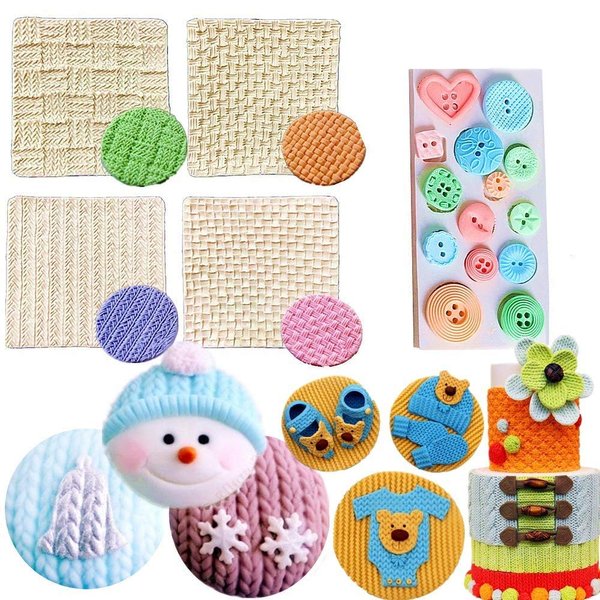 JeVenis 5 PCS Mini Knitting Sweater Fondant Mold Crochet Texture Cake Decoration Button Impression Mat for Baby Shower Party Cupcake Cake Decoration