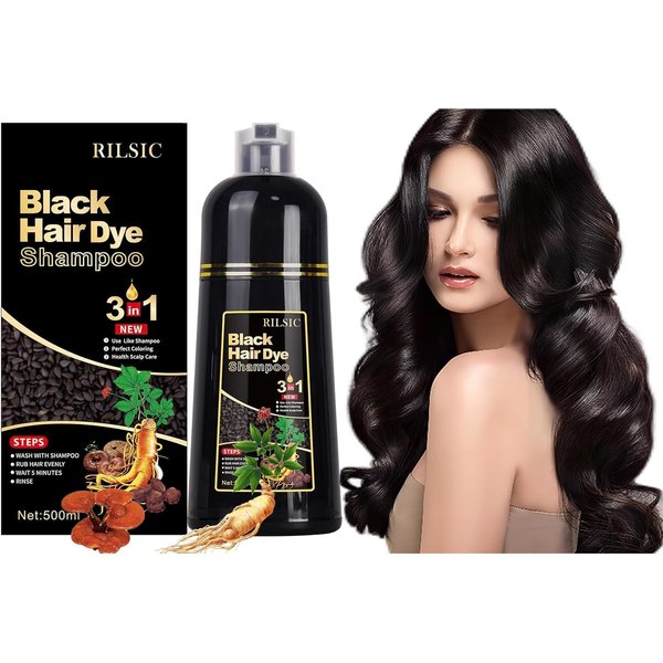 RILSIC Black Hair Dye Shampoo 3 IN 1, Herbal Natrual Hair Dye Shampoo Instant Hair Color Shampoo for Women Men - Grey Hair Coverage- Long Lasting-Black Hair Dye Coloring in Minutes(500ML) (Black)