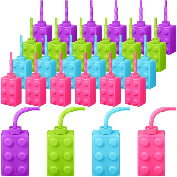 Mumufy Building Blocks Cups with Straw and Lids, 10 oz Reusable Kids Cup Brick Party Plastic Cups for Block Birthday Party Supplies Favors (24 Sets)
