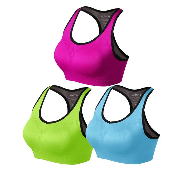 Match Womens Sports Bra Wirefree Seamless Padded Racerback Yoga Bra for Workout Gym Activewear with Removable Pads #001(1 Pack of 3(Bright Green-Plum-Sky Blue),XL)