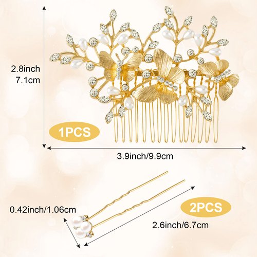 OIIKI Gold Butterfly Hair Comb Clip for Wedding, 1PCS Pearl Rhinestones Bridal Hair Comb, 2 PCS Pearl Hair Pins, Crystal Leaf Hair Side Comb, Vintage Hair Jewelry Accessories for Bride, Women