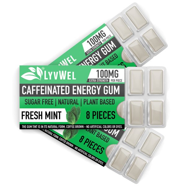 LyvWel Energy Gum | 100mg Caffeine per gem | All Natural | Sugar-Free Pre-Workout Boost: Your Essential Energy Supplement to Stay Awake- 3 Pack (Mint)