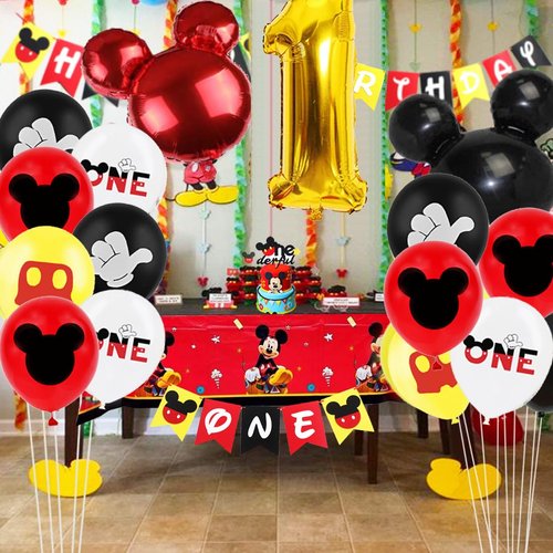 Cartoon Mouse 1st Birthday Party Decorations,One Year Theme Party Supplies Included Banner,Tablecloth,Latex Balloons,Foil Balloons,Cake Topper,Door Sign for First Year Old Boy Baby Shower Decorations