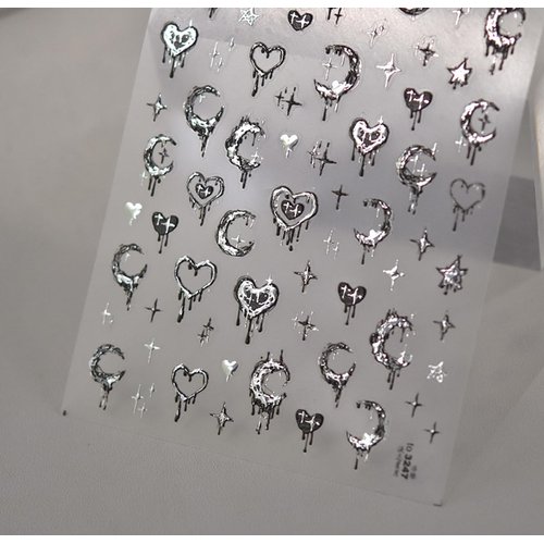 POWPOP Silver Melted Heart Moon Stars 5D Acrylic Nail Art Stickers, B, Retro Design for Women