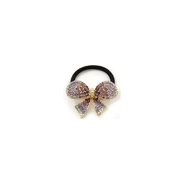 Medium Gold Plated AB/Lavender/Purple Crystal Bow Pony Tail Hair Elastic/Bobble