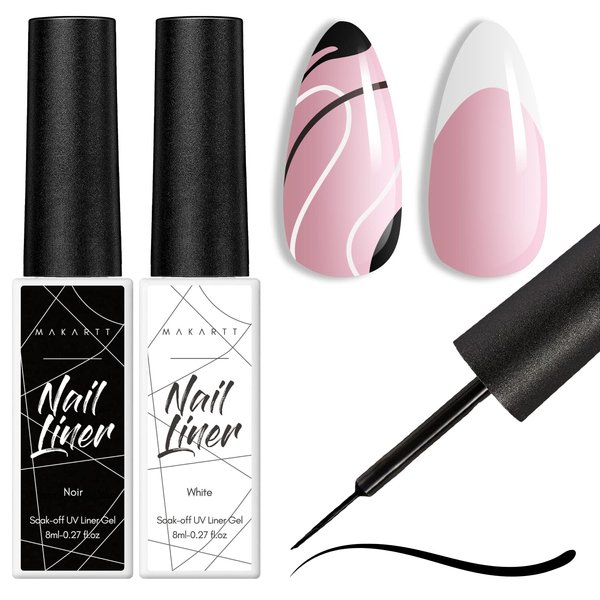 Makartt Gel Nail Polish Liner Set 8ML, 2 Color Nail Art Winter French Polish White Black for French Tip Swirl Draw Nail Soak Off UV Curing Built Thin Brush Manicure Set For Salon DIY