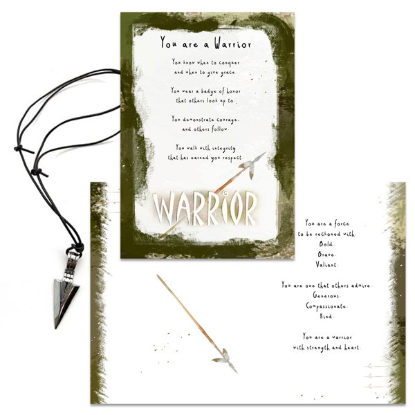 Smiling Wisdom - Warrior Courage Supportive Encouraging Greeting Card and Arrowhead Necklace Gift Set - Stainless Steel - Teenage Men, Grad, Survivor (Leather)