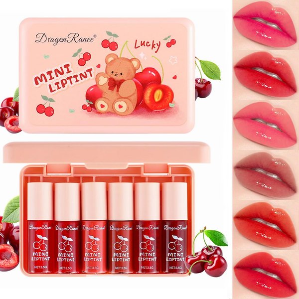 6 Colors Cherry Lip Tint Stain Set, Velvet Lip Gloss Fruity Watery Lip Stain Mini Liquid Lipstick, Multi-Use Lip and Cheek Tint, Non-Stick Cup, Waterproof, Vivid Color, Women Lip Tint Makeup