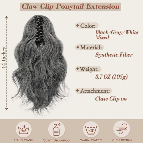 BARSDAR Claw Clip Ponytail Extension - 14 In Short Wavy Ponytail Hair Extensions for Women - Gray Ponytail Thick Soft Synthetic Clip in Pony Tails Hairpieces Daily Halloween - Black & Gray Mixed