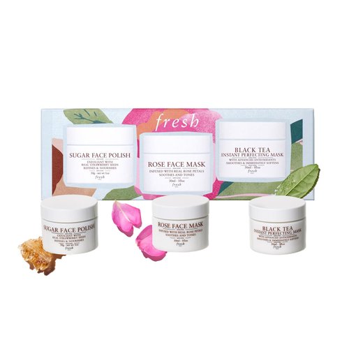 Fresh Face Mask Essentials Gift Set, Facial Masks: Sugar Face Polish, Rose Face Mask, Black Tea, Advanced Antioxidants (Gift Set, 3 Pack)