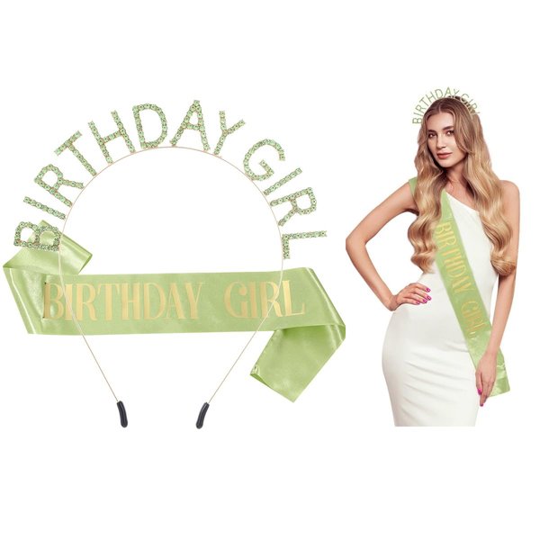 Kamirola Queen Sash & Rhinestone Tiara Set Green for Women Birthday Decoration Kit Rhinestone Headband for Girl Glitter Crystal Hair Accessories for Party(TR36)