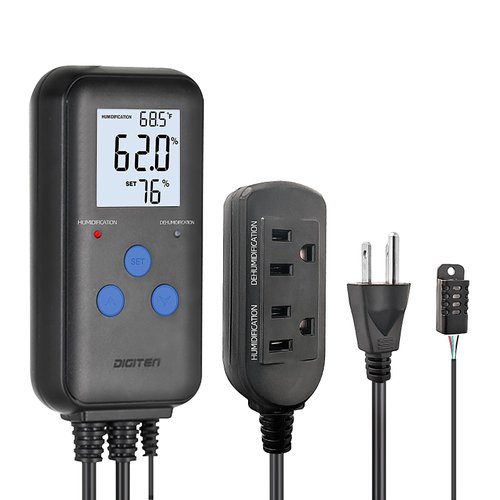 DIGITEN Humidity Controller Pre-Wired Digital Humidistat with Temperature Display, Dual-Stage Outlet Humidifier/Dehumidifier for Mushroom,Reptile, Greenhouse, Fan, Grow Tent