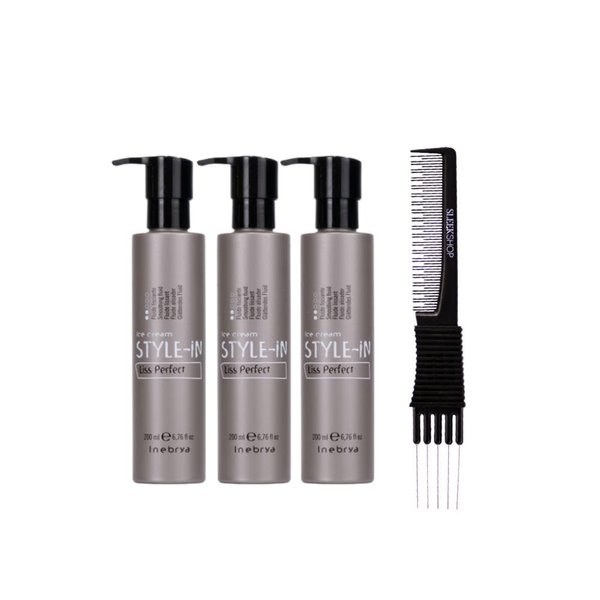 kuss Inebrya Ice Cream Style-In Liss Perfect Smoothing Fluid (6.76 oz) with Teasing Comb Pack of 3