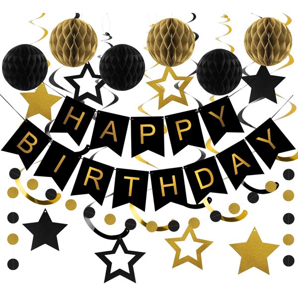 meowtastic Birthday Decorations, Happy Birthday Banner with Honeycomb Balls, Star Hanging Swirl Streamers, Circle Dot Garland, Happy Birthday Party Decorations for Women Men Boys Girls (Black & Gold)