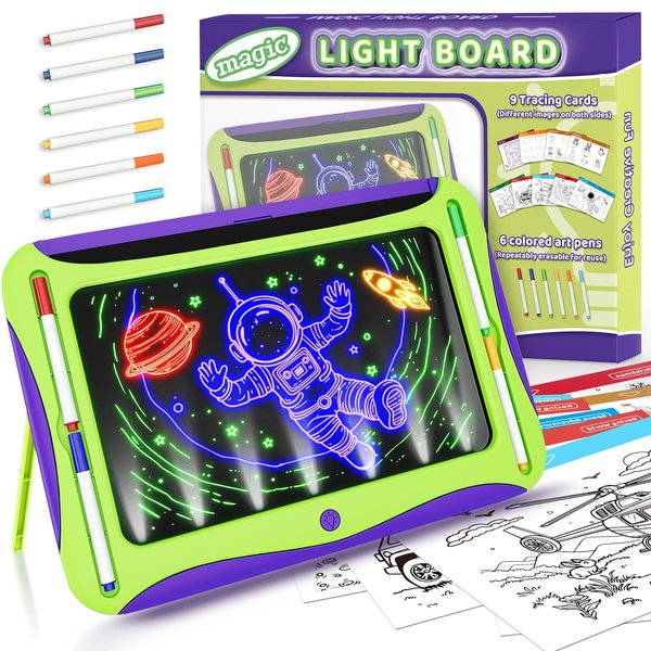 LED Drawing Board for Kids, Magic Toys for Boys Glow in The Dark, Light Up Tracing Pad with 9 Dual-Sided Card, 6 Marker, Doodle Writing Tablet Boy Learning Toy, Art and Craft Kit Xmas Birthday Gift