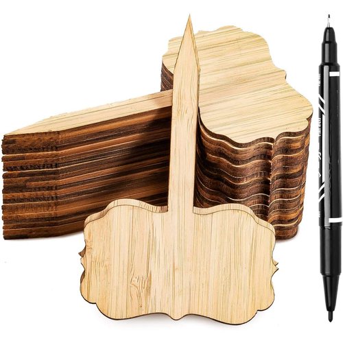 Whaline 60Pcs Bamboo Plant Labels with 1 Marker Pen Eco-Friendly T-Type Wooden Plant Sign Tags Wood Garden Markers Decorative Garden Tags for Seed Potted Herbs Flowers Vegetables (6.5 X 10 cm)