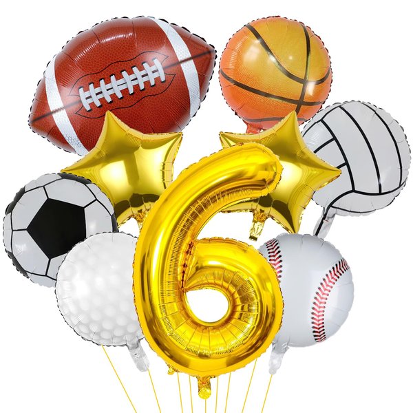 9 Pieces Sports Balloons, Football, Basketball, Baseball, Volleyball, Golf and Soccer Foil Balloon, Sports Birthday Number Mylar Foil Balloon, Sport Theme Birthday Party Supplies Decorations (6th)