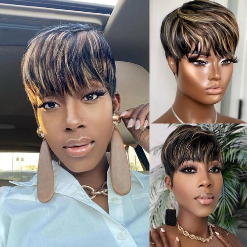 StarsTears Bob Wigs for Black Women Human Hair Wig Short Pixie Cut Wig Ombre None Lace Front Wig with Bangs Glueless Full Machine Made Wig 1B/33 Color