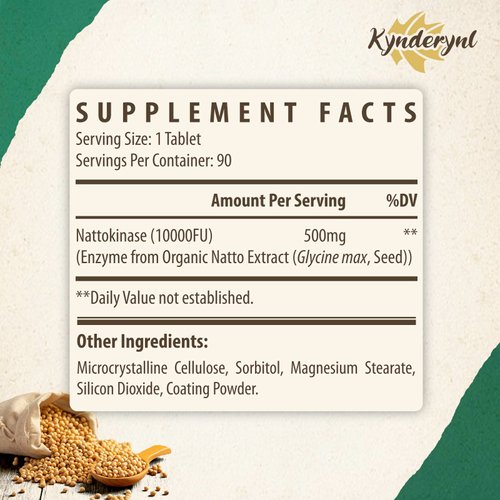 Kynderynl Nattokinase Supplement 10000FU – Organic Natto Enzyme 500mg for Circulatory Wellness, Enteric-Coated Tablets Aiding Digestion & Assisting Absorption, Vegan, 90 Tablets (90-Day Supply) -2P