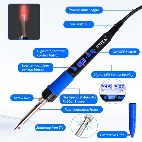 PNECK Soldering Iron Kit, 80W Soldering Iron Pen with Adjustable Temperature, LCD Display, ON/OFF Switch, 5 Tips, Solder Wire, Stand with Sponge, Pump, Paste, Tweezer, Blue