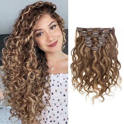 Loxxy Clip in Natural Wave Human Hair Extensions Double Weft #P4/27 Real Human Hair Extensions for Women Dark Brown Mixed with Caramel Blonde 18inch 120g/set 7Pcs/lot And 17 Clips Per Pack