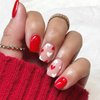 OCOUYVD Heart Press on Nails Short Square Valentines Fake Nails Petite Red Stick on Nails Full Cover False Nails with Red White Heart Designs Acrylic Nails Glossy Artificial Nails for Women Girls