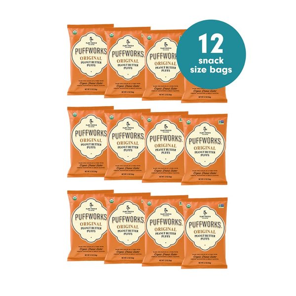 Puffworks Original Organic Peanut Butter Puffs, Plant-Based Protein Snack, Gluten- and Rice-Free, Vegan, Kosher, 1.2 Ounce (Pack of 12)