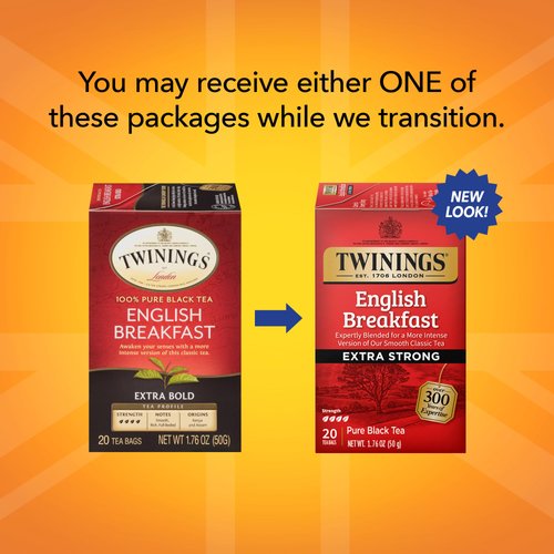 Twinings Extra Strong English Breakfast Individually Wrapped Tea Bags, 20 Count Pack of 6, Caffeinated, Robust Black Tea