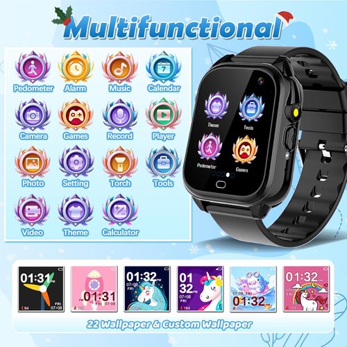 OVV Kids Waterproof Smart Watch with 26 Games 1.44'' Touchscreen HD Camera Pedometer Recorder Music Player Alarm Clock Calculator Educational Wrist Watch for Age 3-10 Girl Boy Learning Toy (Black)
