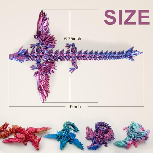 3D Printed Dragon with Wings, 3D Dragon 9" Articulated Winged Dragon for Home Office Decor Executive Desk Toys, Blue Green