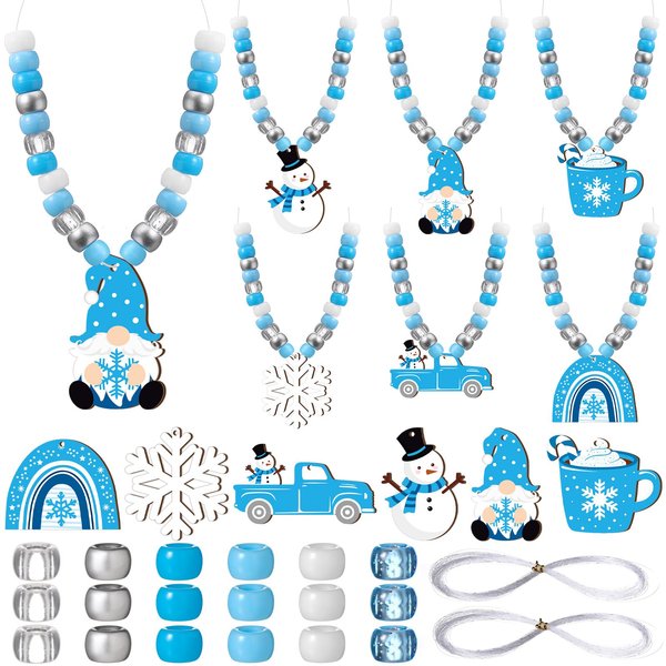 Ferreve 24 Sets Winter Bead Necklace Crafts Kit Christmas DIY Craft Gifts Necklace Making Kit Winter Blue Plastic Beads Bulk for Christmas Winter Jewelry Making Party Favors