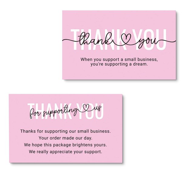 ITZAMNA Thank you for supporting my small business Cards Customer appreciation card Pink Script with Heart Pack of 100