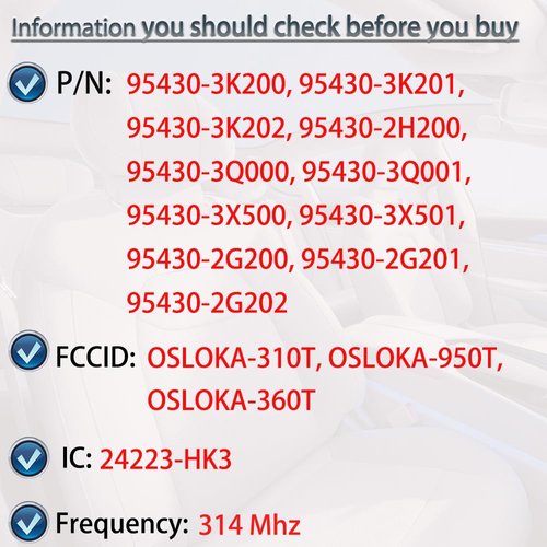 Key Fob Keyless Entry Fits for Hyundai Elantra Sonata Kia Optima 2006 2007 2008 2009 2010 2011 2012 2013 2014 2015 Remote Control Replacement OSLOKA-310T 95430-3K200 3 Buttons