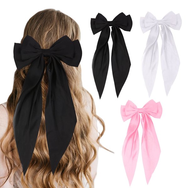 3 PCS Black, White, Pink Bow Hair Clips - Barrettes and Ribbons for Cute Accessories