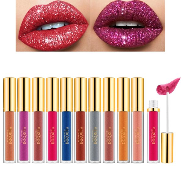 VERONNI Diamond Glitter Lipstick Set, 10 Pcs Shimmer High Pigment Lip Gloss,Metallic Liquid Lipstick Long Lasting Waterproof Lip Gloss Makeup Kit,10pcs Lip Makeup Gift Set(10pcs together)