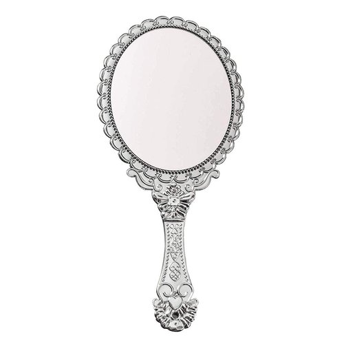 BAOZOON Vintage Hand Mirror with Handle - Cute Cosmetic Handheld Mirror Vanity Makeup Mirror Travel Mirrors 9.8x4.5in (Silver)