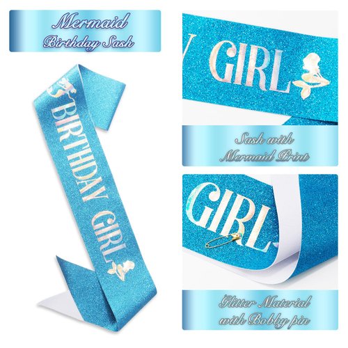 Didder Blue Mermaid Birthday Outfit Sash and Starfish Seashell Headband Party for Girls, Mermaid Theme Birthday Party Decorations Gifts for Girls (Blue Seashell Starfish + Blue Sash)