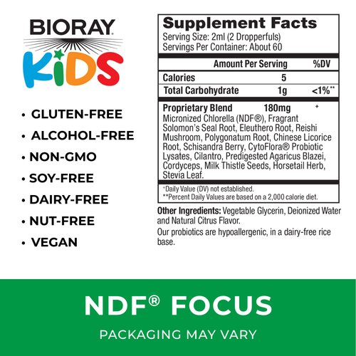 BIORAY Kids NDF Focus, Citrus - 4 fl oz - Supports Cognitive Function, Enhances Clarity & Promotes Steady Energy Levels - Non-GMO, Vegetarian, Gluten Free - 2-4 Month Supply