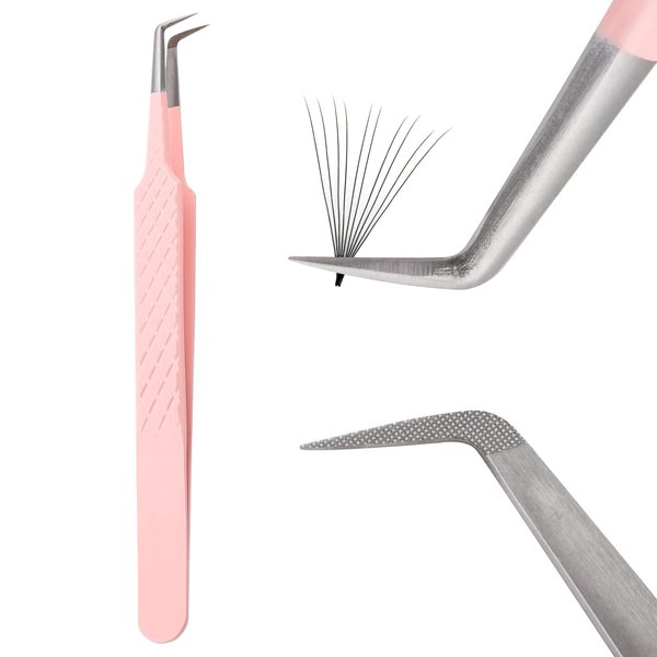 Lash Tweezers For Eyelash Extensions Fiber Tip Lash Tweezers Professional Fan Making Lash Extension Tweezers Volume Lash Tweezers Stainless Steel(Pink 90 Degree Tweezers,1Pc)