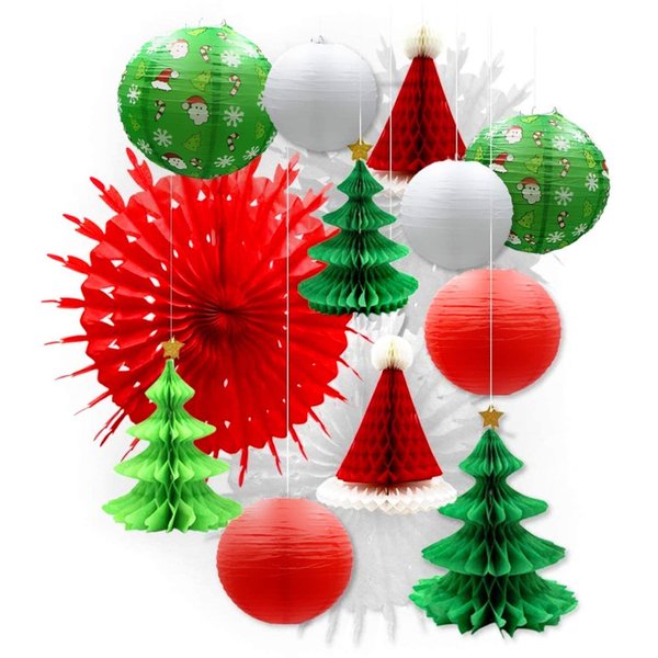 UNIQOOO 14PCS Assorted 3D Christmas Honeycomb Paper Lantern Decoration Garland Set,Celling Hanging Tissue Pine Tree Star, Santa Hat,Snowflake Fan,Japanese Lanterns for Holiday XMAS Party Banner Supply